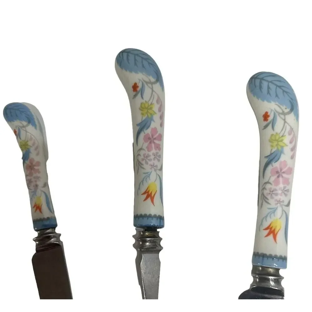 VTG 3 Pc Fork Knives Westall Richardson Sheffield England Floral Porcelain SS